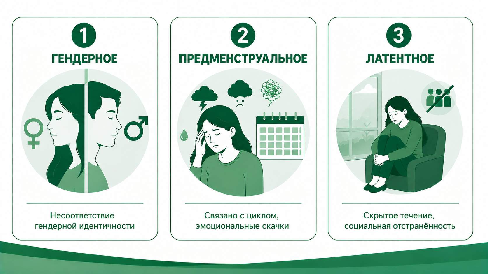 Инфографика с основными видами дисфорических расстройств: гендерная дисфория, предменструальное дисфорическое расстройство и латентная форма с характерными особенностями каждого состояния.